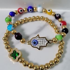 BRACELET 2 PIECES Cubic Zirconia Decor Eye Detail Hamsa Hand and Flower SSteel